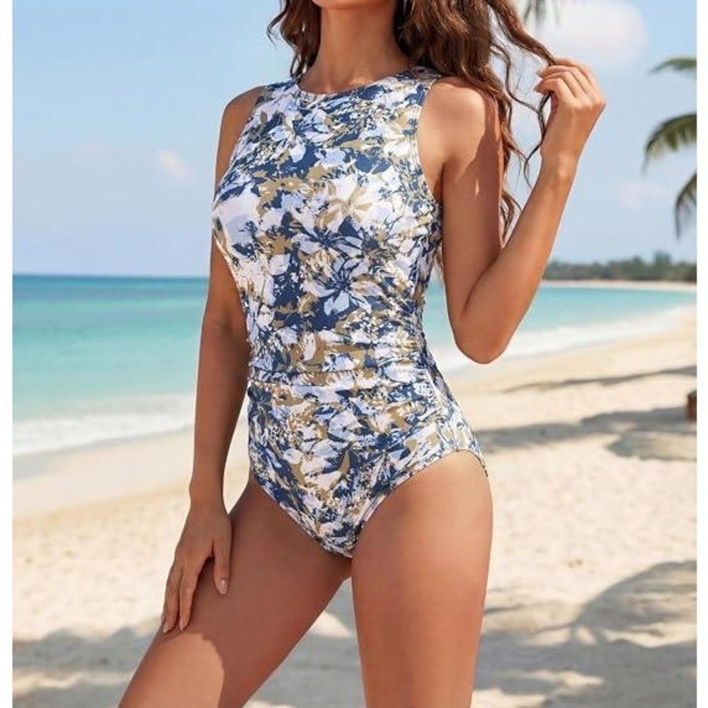 Smismivo High Neck Zip Up One Piece Tummy Control Swimsuit Floral Blue White XL